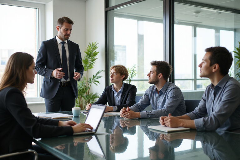 Business leader in modern office coaching team members