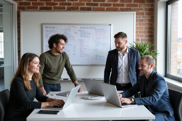 Diverse team collaborating effectively in modern office